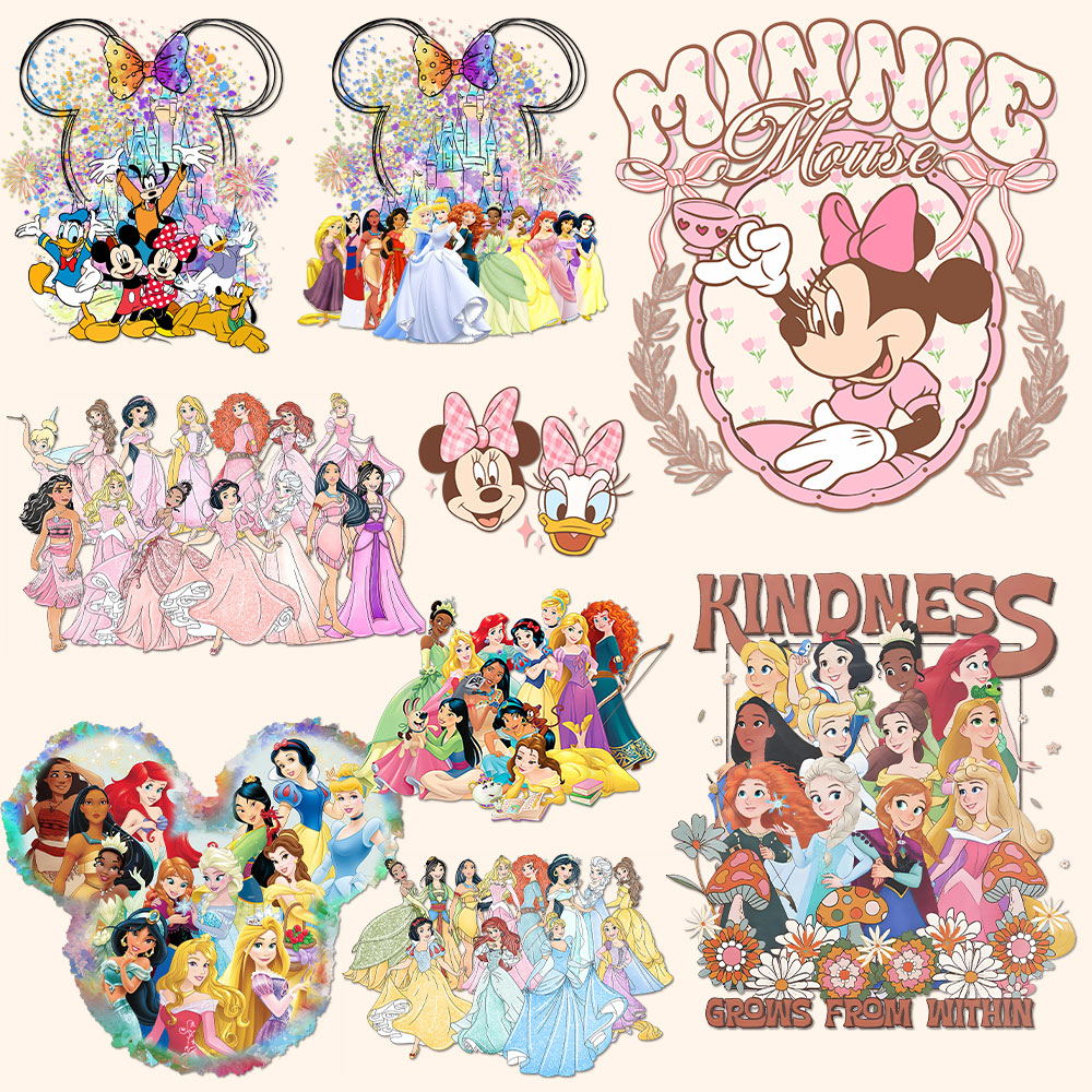 Printable Heat Transfer Vinyl - Retro Mickey Minnie Roze Prinsessen Aquarel